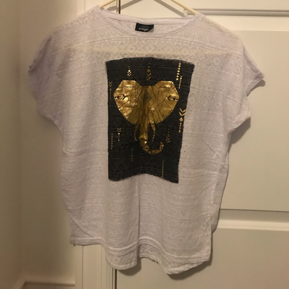 White, gold, black shirt